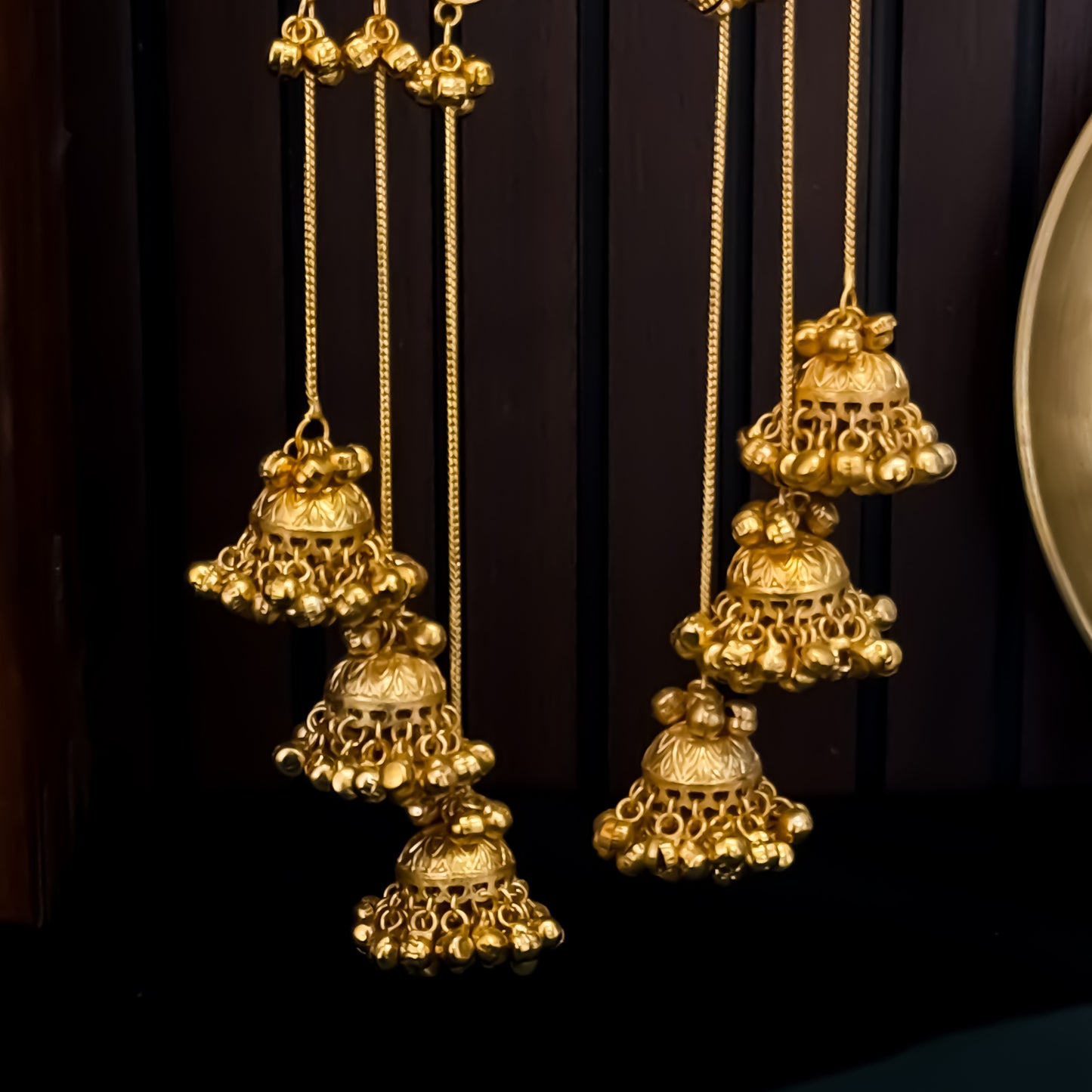 Tarini Premium Kashmiri Brass Dejhoor Ghungroo Jhumka Earrings - Golden & Pastel Green