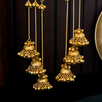 Tarini Premium Kashmiri Brass Dejhoor Ghungroo Jhumka Earrings - Golden & Pastel Green