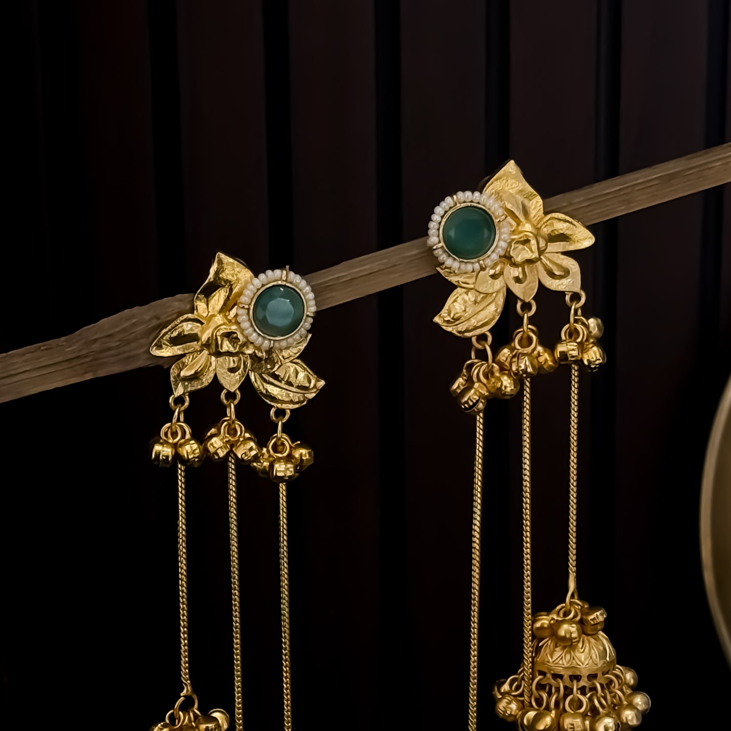 Tarini Premium Kashmiri Brass Dejhoor Ghungroo Jhumka Earrings - Golden & Pastel Green