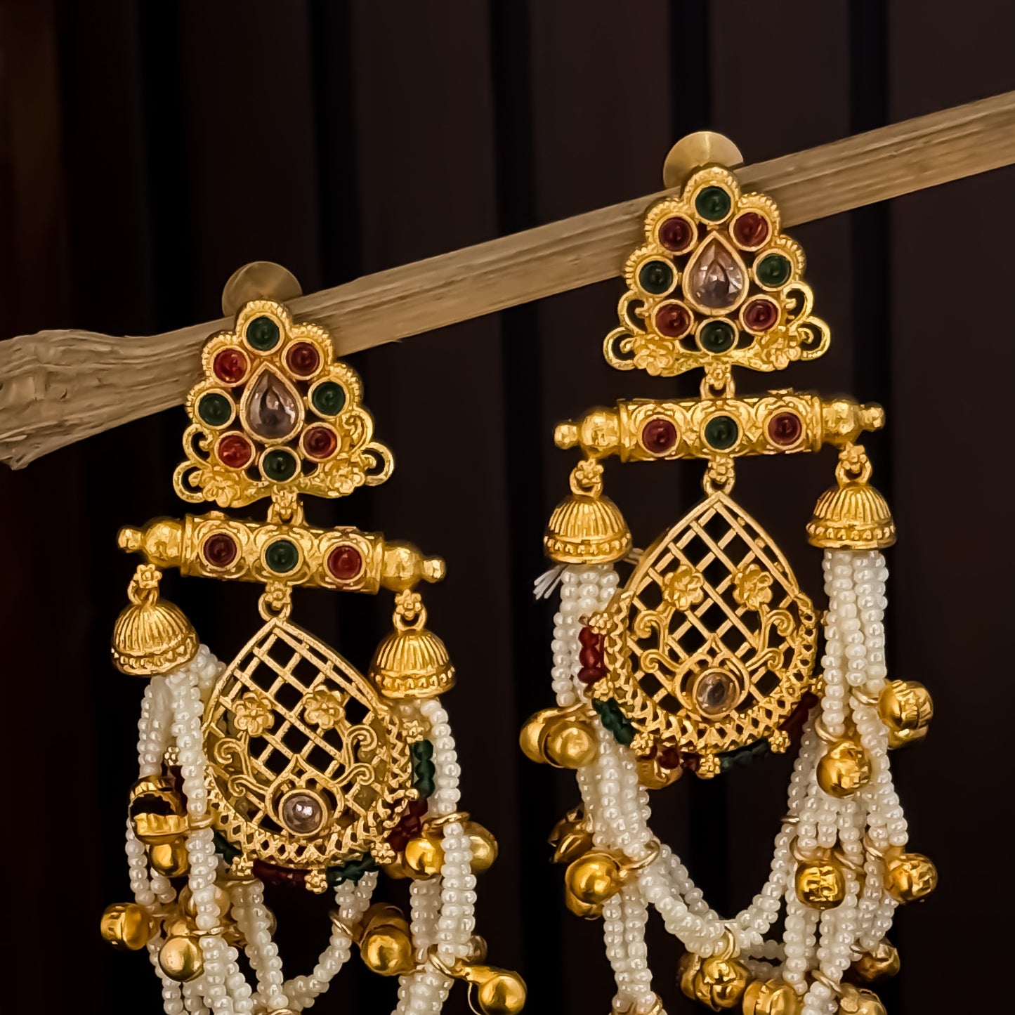 Shambhavi Premium Kashmiri Brass Pearl Chandbali Earrings -Pink & Green