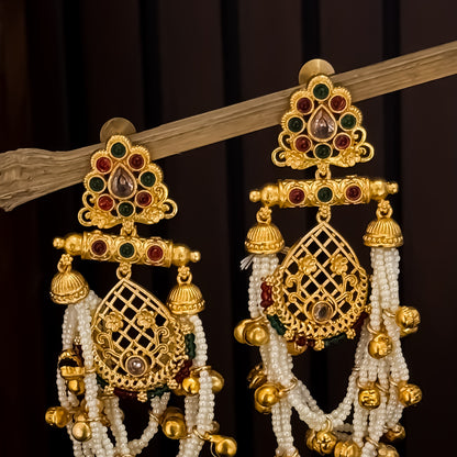 Shambhavi Premium Kashmiri Brass Pearl Chandbali Earrings -Pink & Green