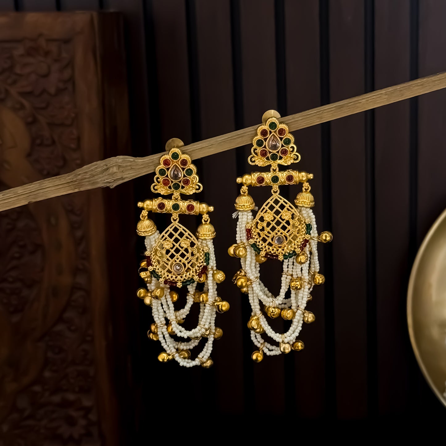 Shambhavi Premium Kashmiri Brass Pearl Chandbali Earrings -Pink & Green