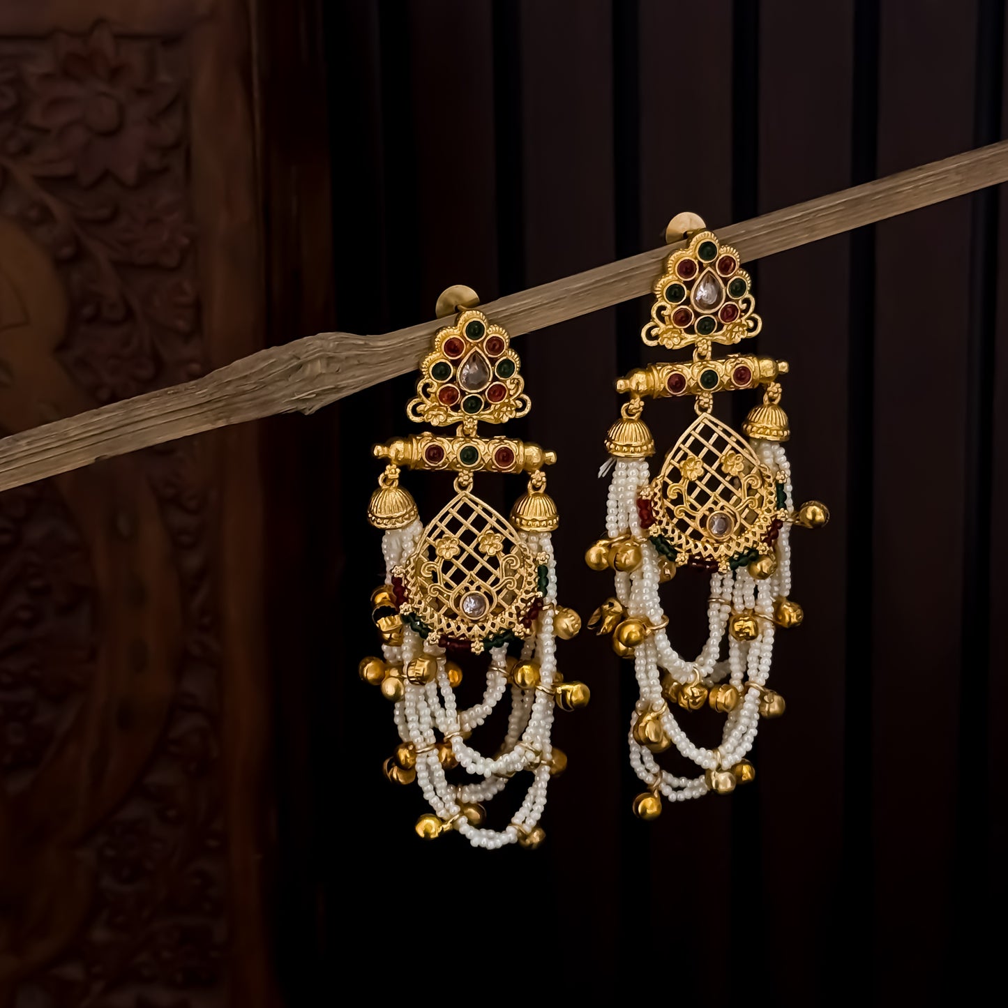 Shambhavi Premium Kashmiri Brass Pearl Chandbali Earrings -Pink & Green
