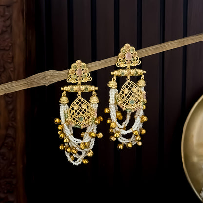 Shambhavi Premium Kashmiri Brass Pearl Chandbali Earrings - Pastel Pink & Pastel Green