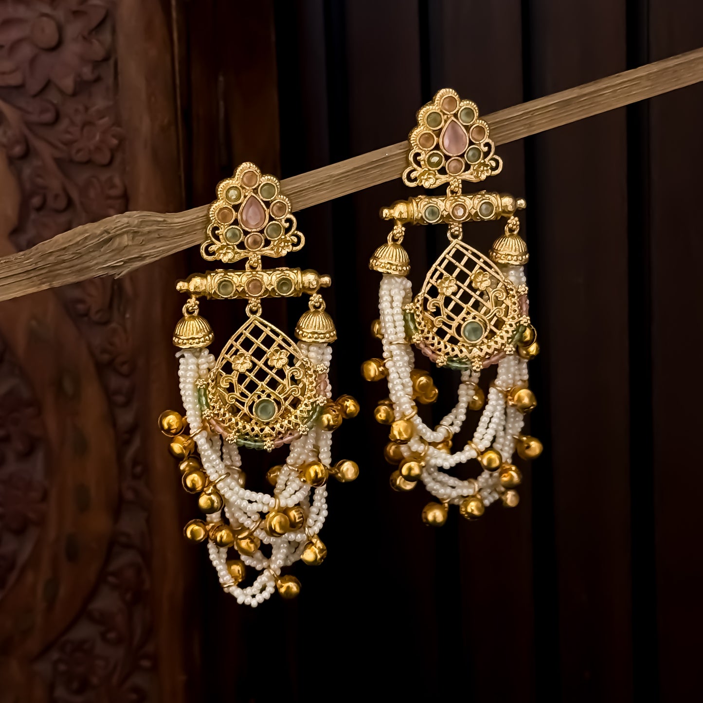Shambhavi Premium Kashmiri Brass Pearl Chandbali Earrings - Pastel Pink & Pastel Green