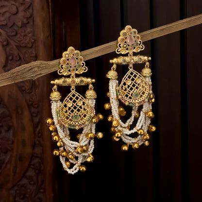 Shambhavi Premium Kashmiri Brass Pearl Chandbali Earrings - Pastel Pink & Pastel Green