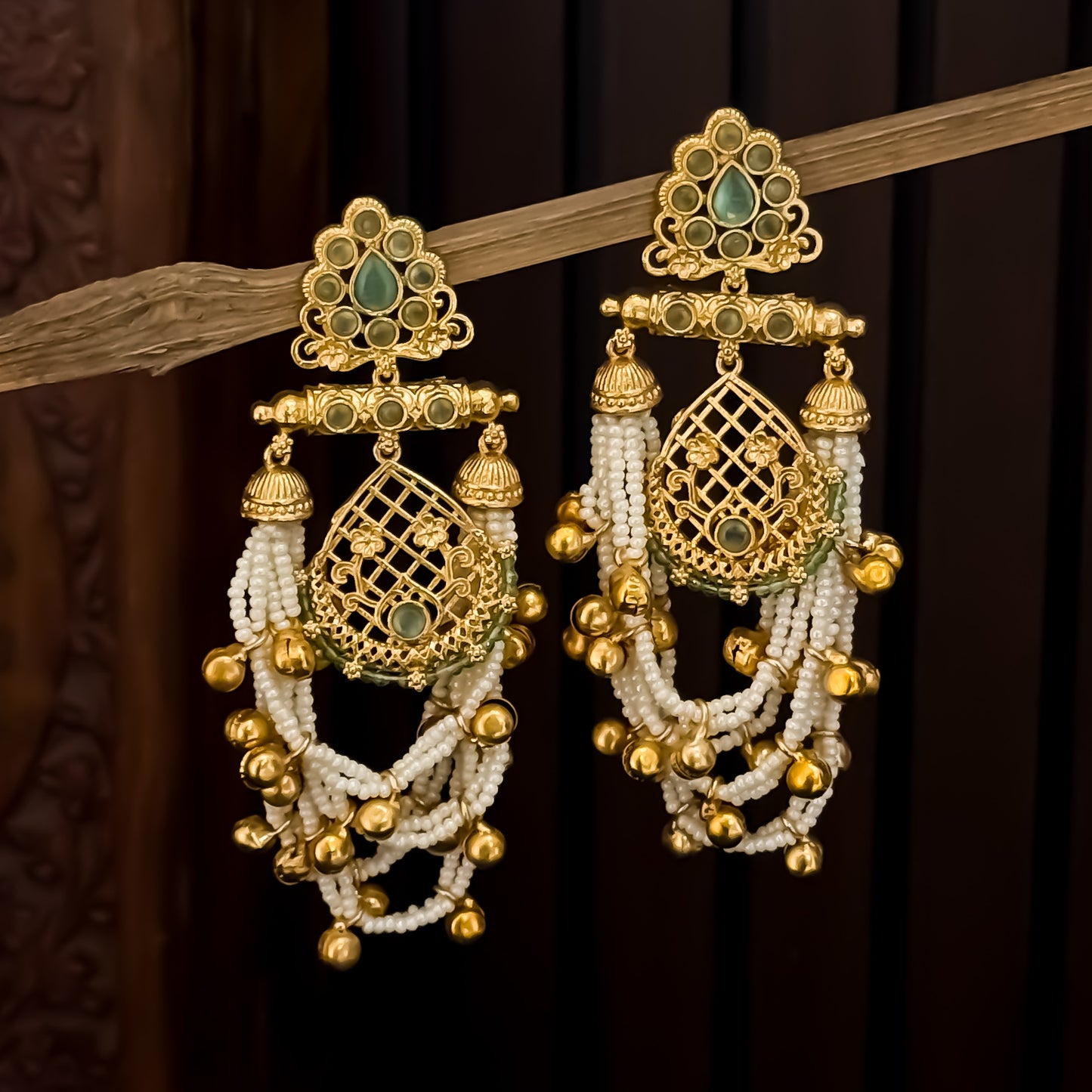 Shambhavi Premium Kashmiri Brass Pearl Chandbali Earrings - Pastel Green