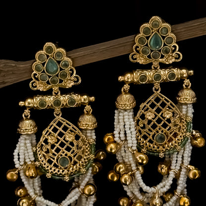 Shambhavi Premium Kashmiri Brass Pearl Chandbali Earrings - Pastel Green