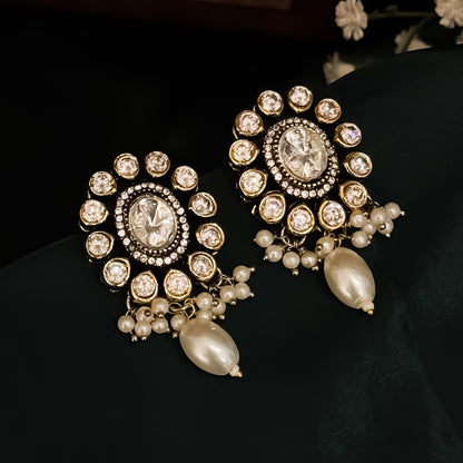 Aradhna Moissanite Pearl Drop Stud Earrings - Golden