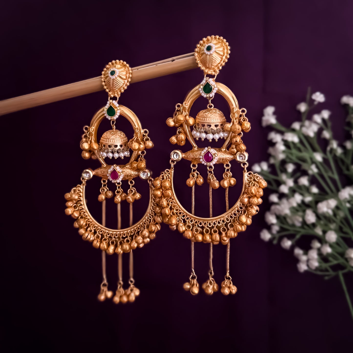 Kishana Kashmiri Brass Ghunghroo Green Chandbali Earrings