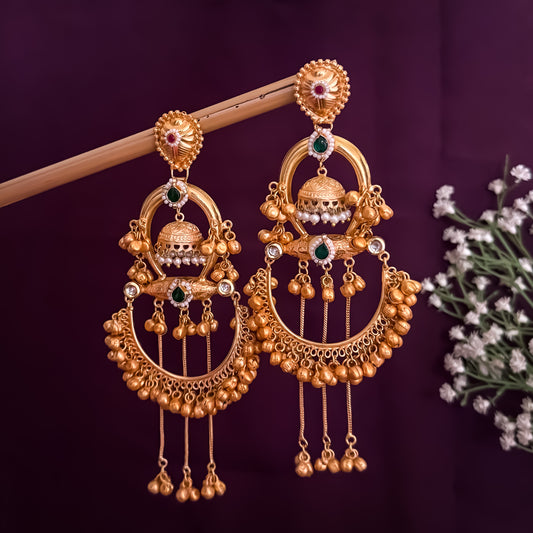 Kishana Kashmiri Brass Ghunghroo Green Chandbali Earrings