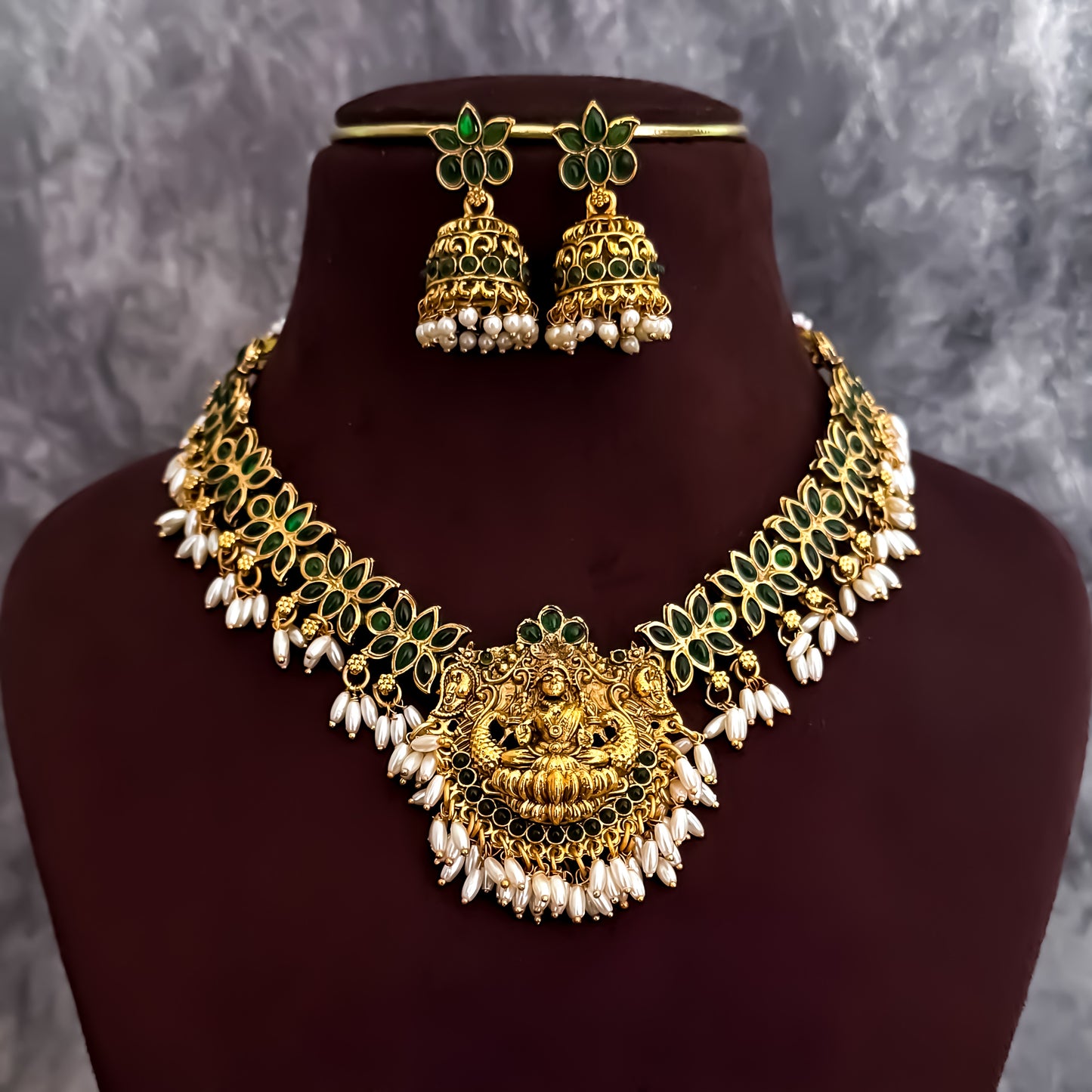 Lotus Lakshmi Rice Pearls Green Necklace Set with Earrings