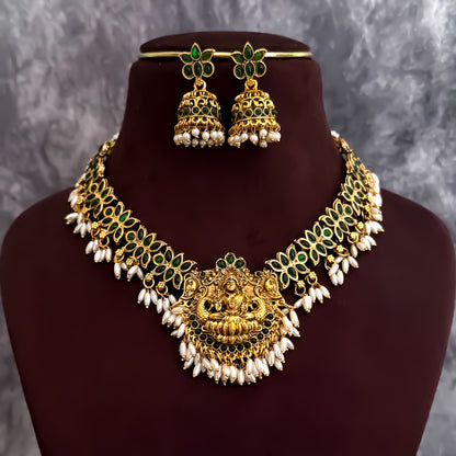 Lotus Lakshmi Rice Pearls Green Necklace Set with Earrings
