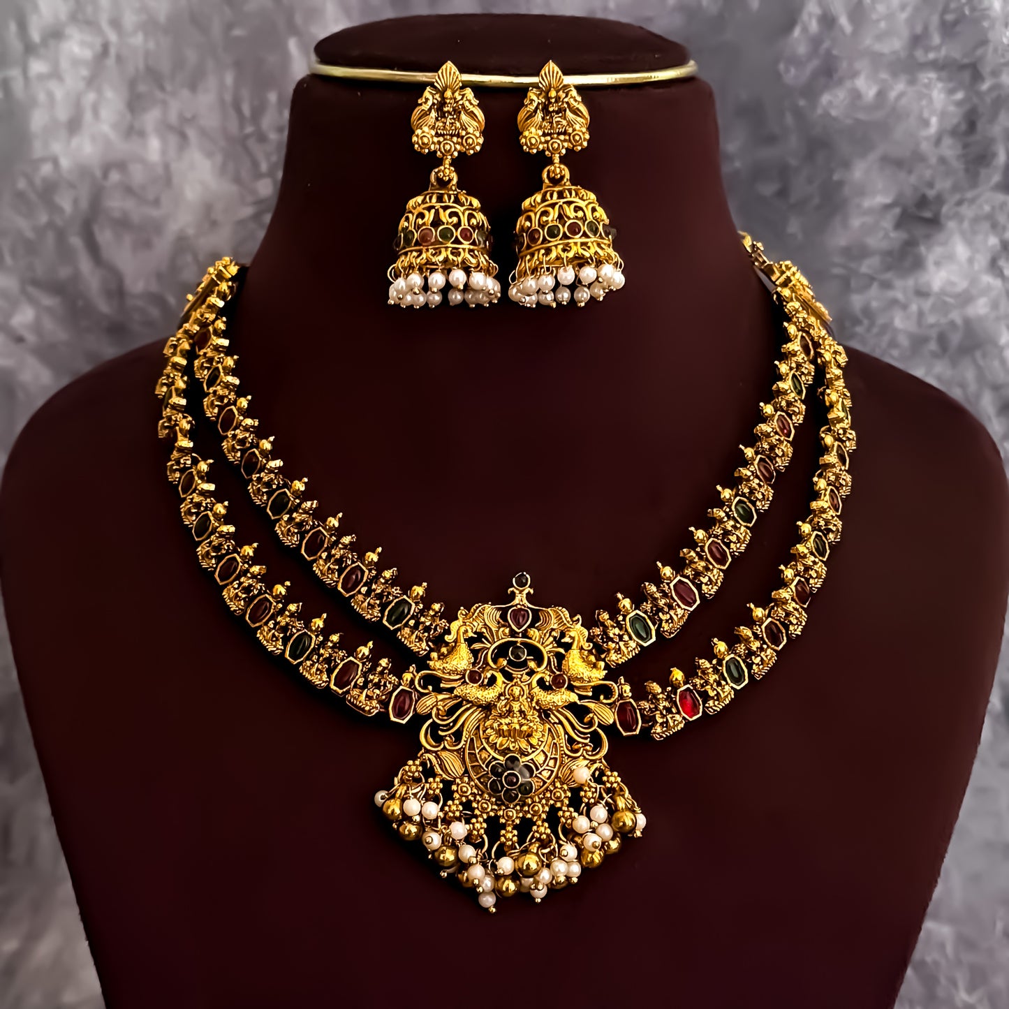Divina Double Layer Temple Necklce Set with Earrings