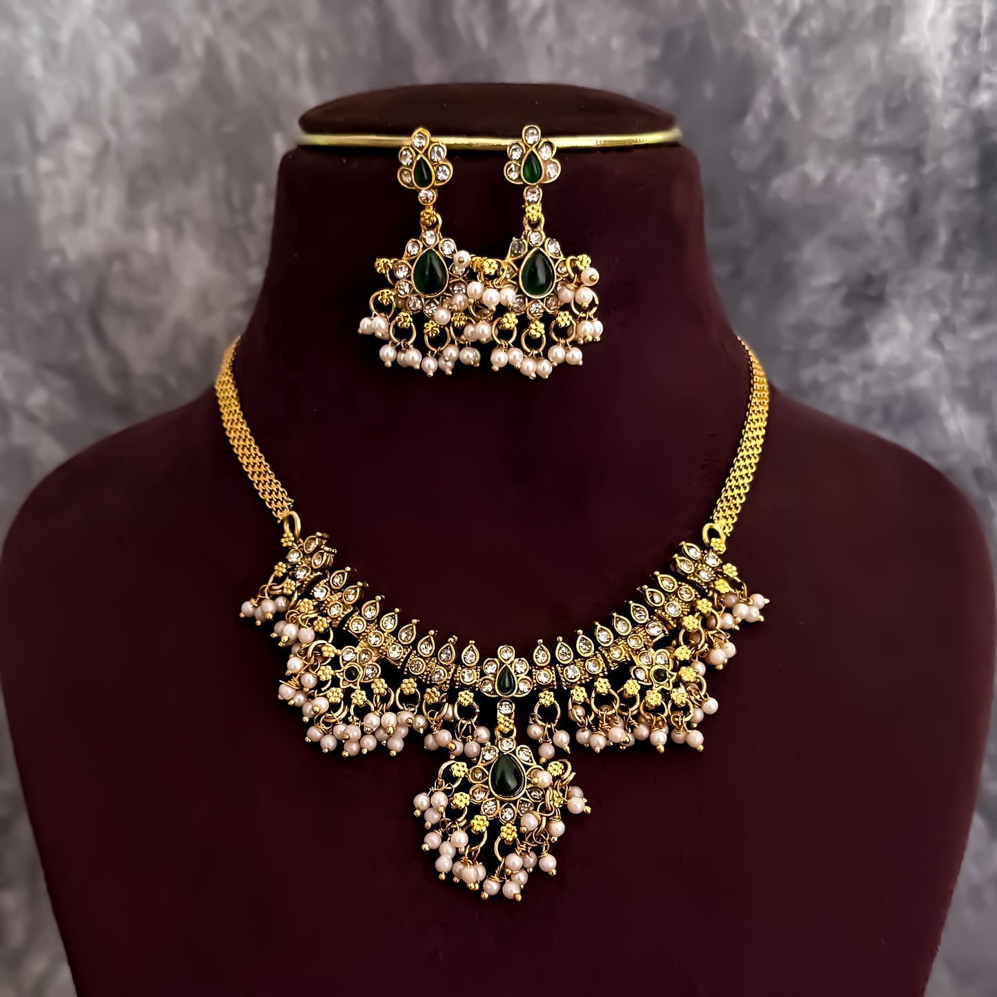 Mini Guttapushali Necklace Set With Earrings- Golden & Green
