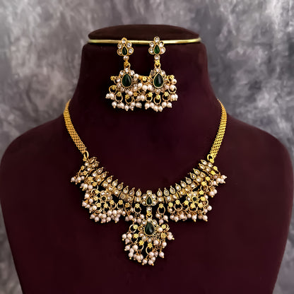 Mini Guttapushali Necklace Set With Earrings- Golden & Green