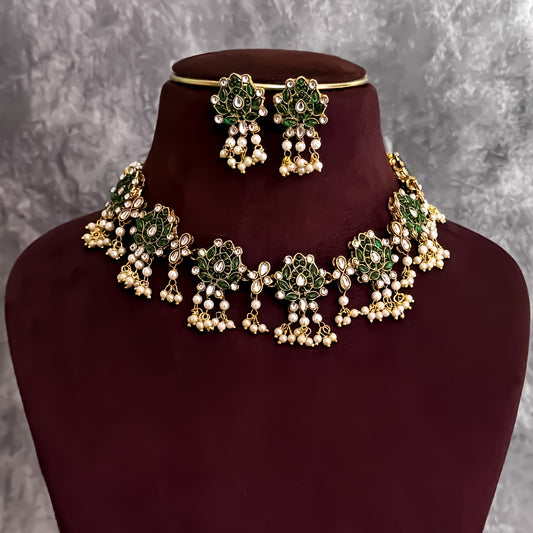 Kumudini Lotus Pearl Necklace Set - Green