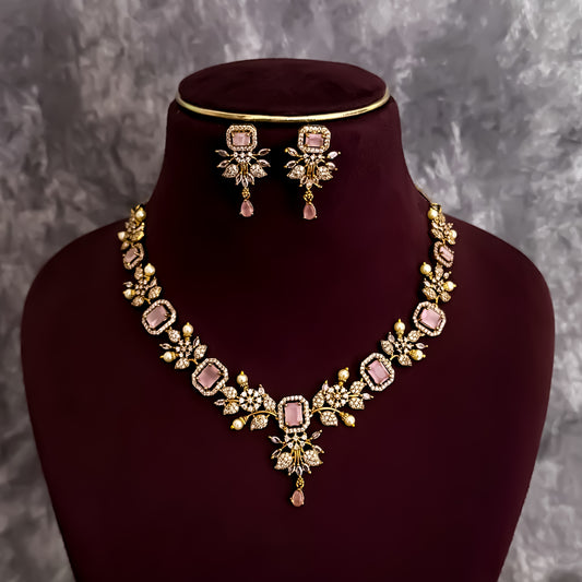 Shreshtha AD Necklace Set - Pastel Pink