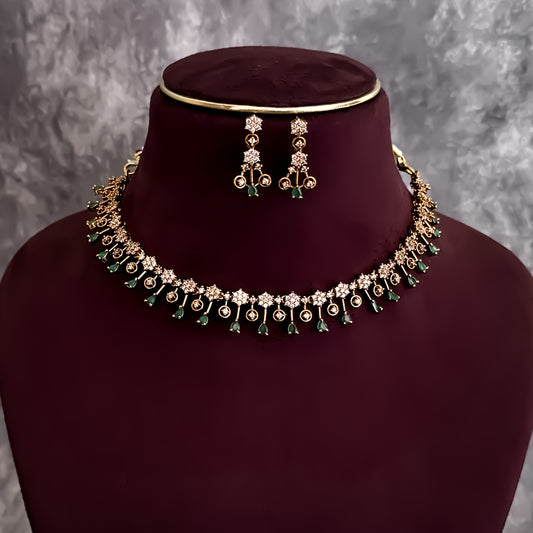 Aashna Diamond Minimal AD Necklace Set - Green
