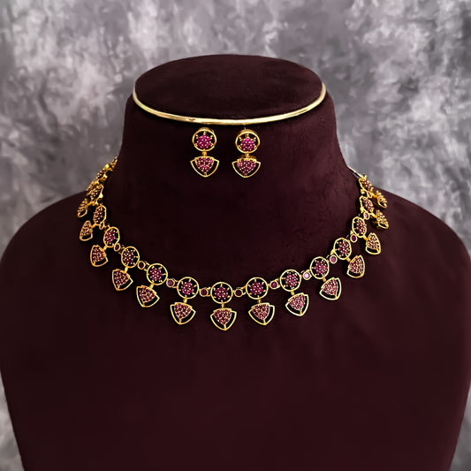 Anjari Diamond (AD) Drop Neckalce Set- Pink