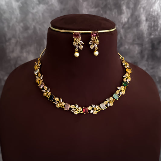 Navratan Petals Minimal AD Necklace Set
