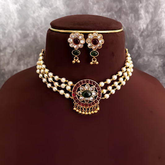 Jayasi Pearl Necklace Set- Green & Pink