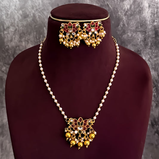 Virangana Kemp Stone Pendant Set - Pink & Green