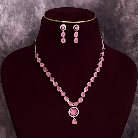Eloise American Diamond Necklace Set- Pastel Pink