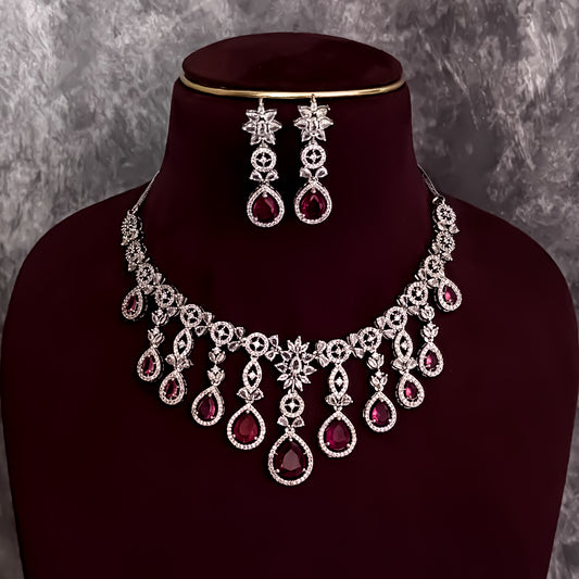 Miren American Diamond Necklace Set - Ruby Red