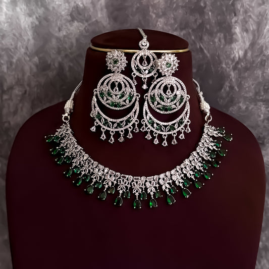 Jeniffer (American Diamond) AD Necklace Set with Teeka & Chandbali Earrings - Green