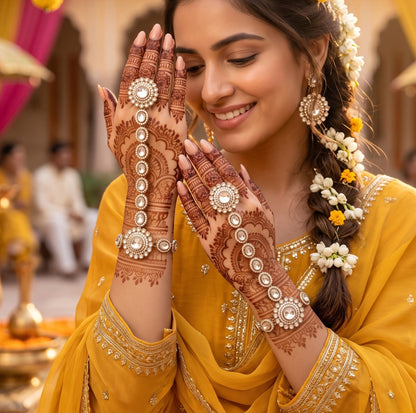premium antique gold kundan haathphool pair featuring circular flower rosette rings linked vertical almond stone tracks and matching clear crystal wrist medallion bracelets