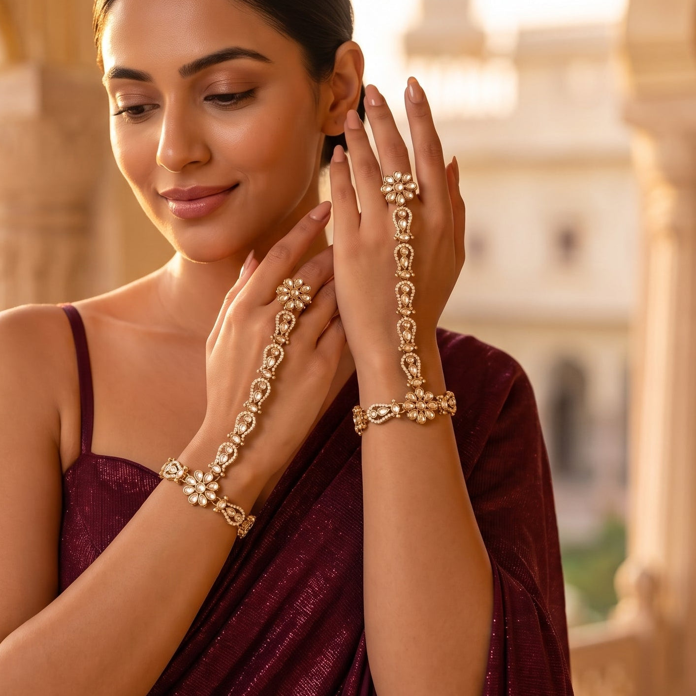 premium antique gold kundan haathphool pair featuring circular flower rosette rings linked vertical almond stone tracks and matching clear crystal wrist medallion bracelets