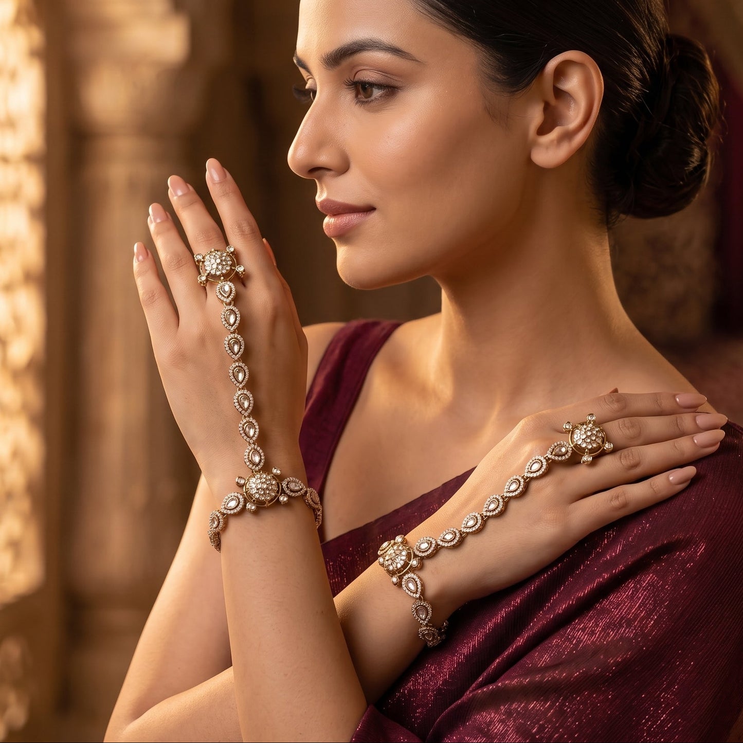 Anushka Premium Golden Kundan Haathphool (Pair)