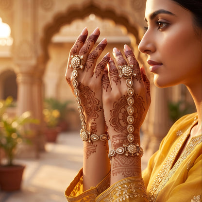 premium antique gold kundan haathphool pair featuring circular flower rosette rings linked vertical almond stone tracks and matching clear crystal wrist medallion bracelets