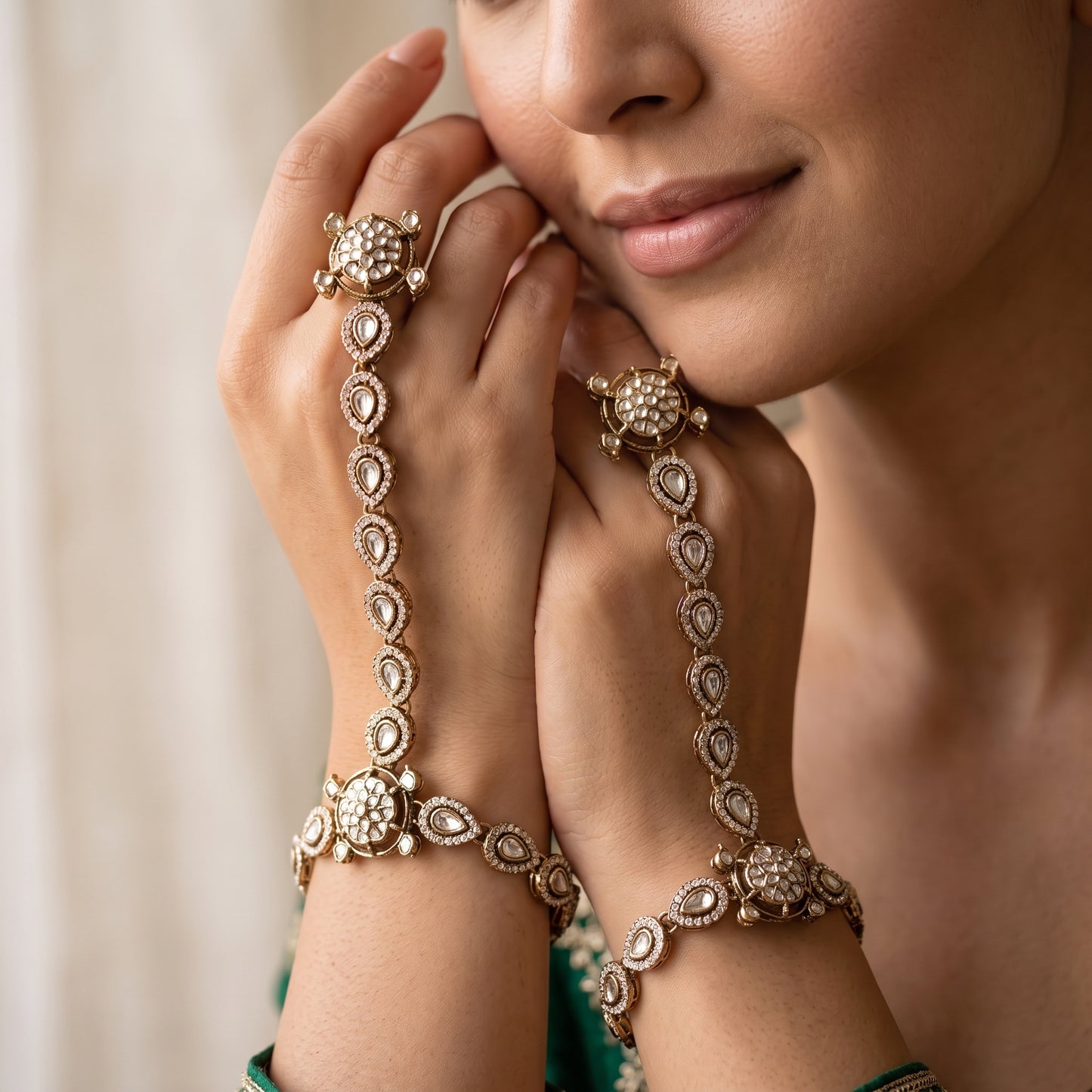 premium antique gold kundan haathphool pair featuring circular flower rosette rings linked vertical almond stone tracks and matching clear crystal wrist medallion bracelets