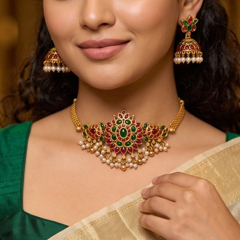 Amaira Temple premium antique gold choker necklace featuring a broad central diamond shaped plaque encrusted with pink and green kemp stones a dense micro pearl fringe and matching dome jhumka earrings