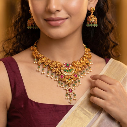 HansaniTemple Necklace Set - Pink & Green