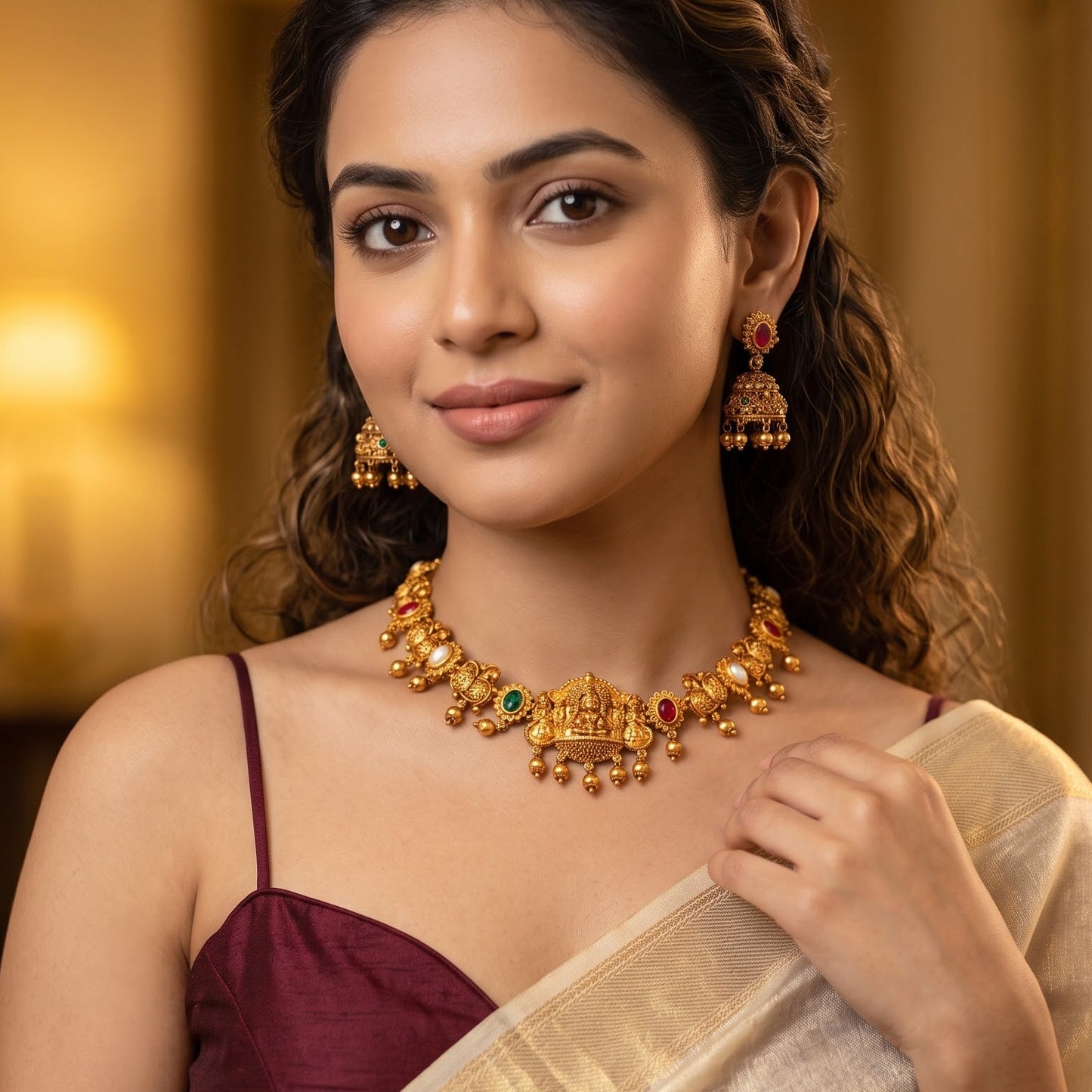 Vaidehi Navratan Temple premium antique gold hasli choker necklace set featuring a rigid torque band with embossed goddess and peacock motifs clear multicolored stones and matching drop earrings