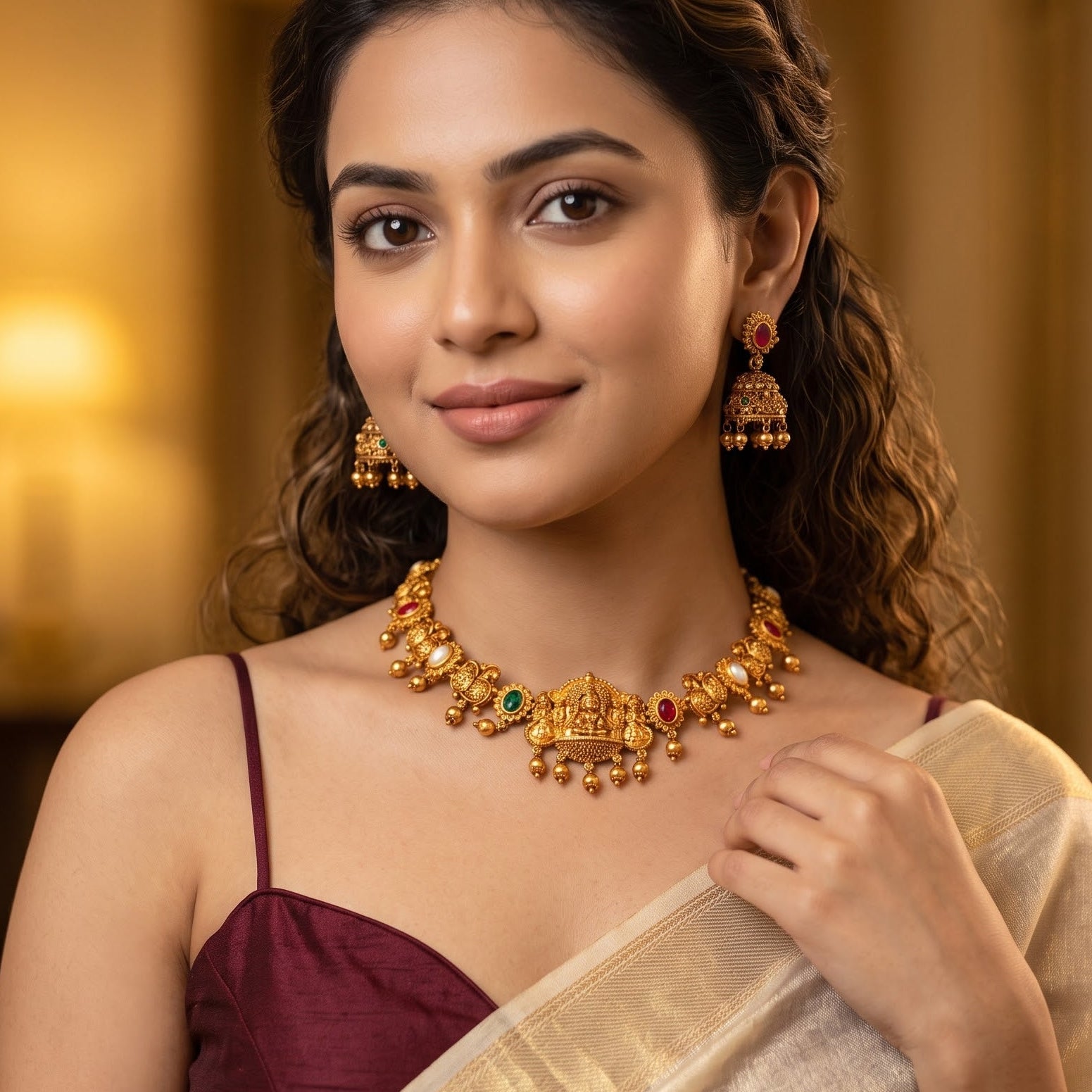 Vaidehi Navratan Temple premium antique gold hasli choker necklace set featuring a rigid torque band with embossed goddess and peacock motifs clear multicolored stones and matching drop earrings