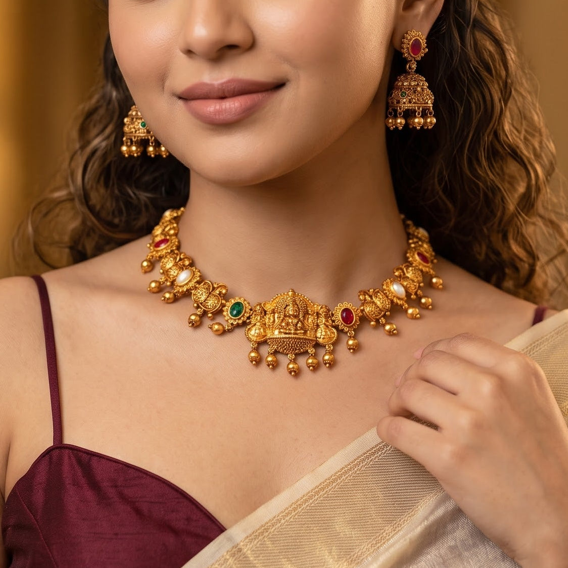 Vaidehi Navratan Temple premium antique gold hasli choker necklace set featuring a rigid torque band with embossed goddess and peacock motifs clear multicolored stones and matching drop earrings