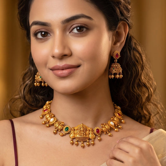 Vaidehi Navratan Temple Necklace Set - Multi