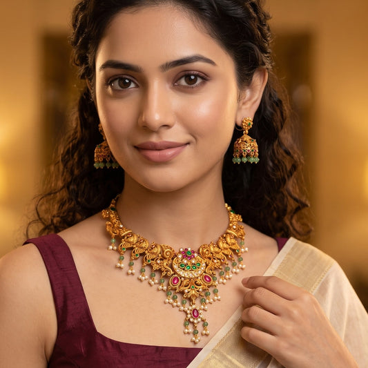 Hansani Temple Necklace Set - Pink & Green