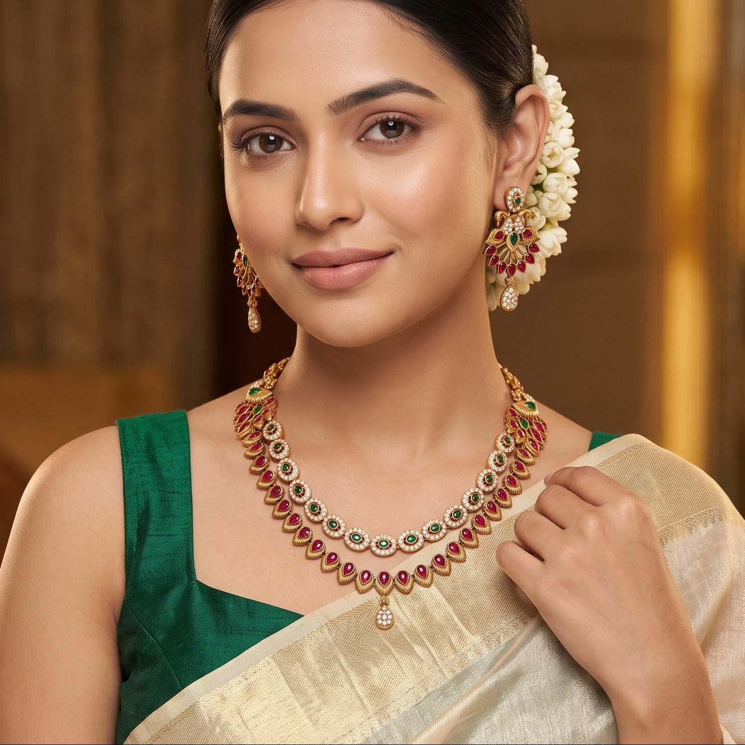Aarna Temple premium antique gold double layer choker necklace featuring two linked tracks of concentric round green stones and a cascading bottom fringe of ruby red teardrop stones alongside matching chandelier earrings