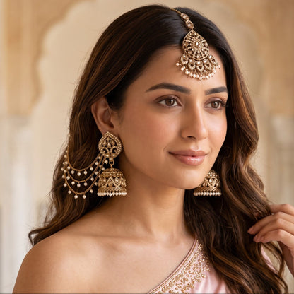 Dhriti Reverse AD Jadau Jhumka with Sahara & Teeka- Golden