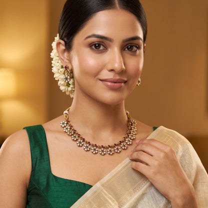 Niharika Floral Temple Necklace Set - Pink & Green