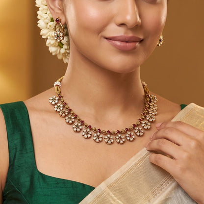 Niharika Floral Temple Necklace Set - Pink & Green