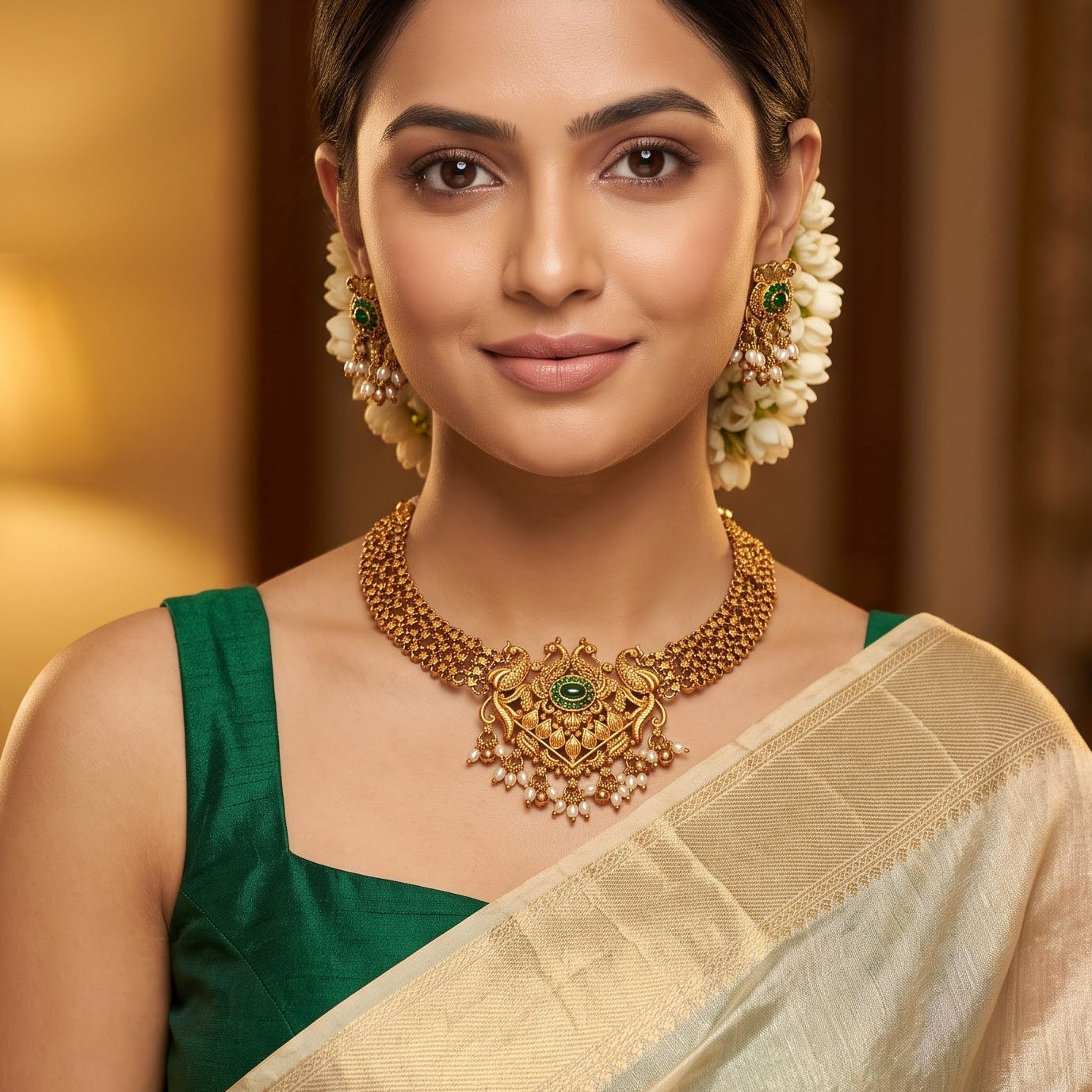 Myra Temple premium antique gold choker necklace featuring a broad double strand beaded hasli track a central chevron shaped pendant encrusted with an emerald green stone twin peacocks a micro pearl fringe and matching drop earrings