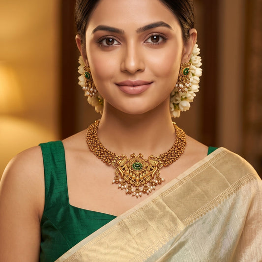 Myra Temple premium antique gold choker necklace featuring a broad double strand beaded hasli track a central chevron shaped pendant encrusted with an emerald green stone twin peacocks a micro pearl fringe and matching drop earrings