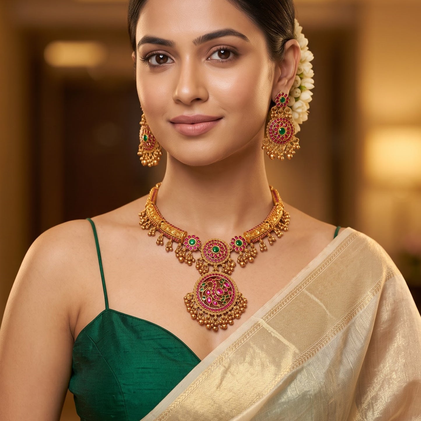 Sanvi Hasli Temple premium antique gold choker necklace set featuring a rigid torque band with embossed goddess and elephant motifs clear kemp stones and matching dome jhumka earrings