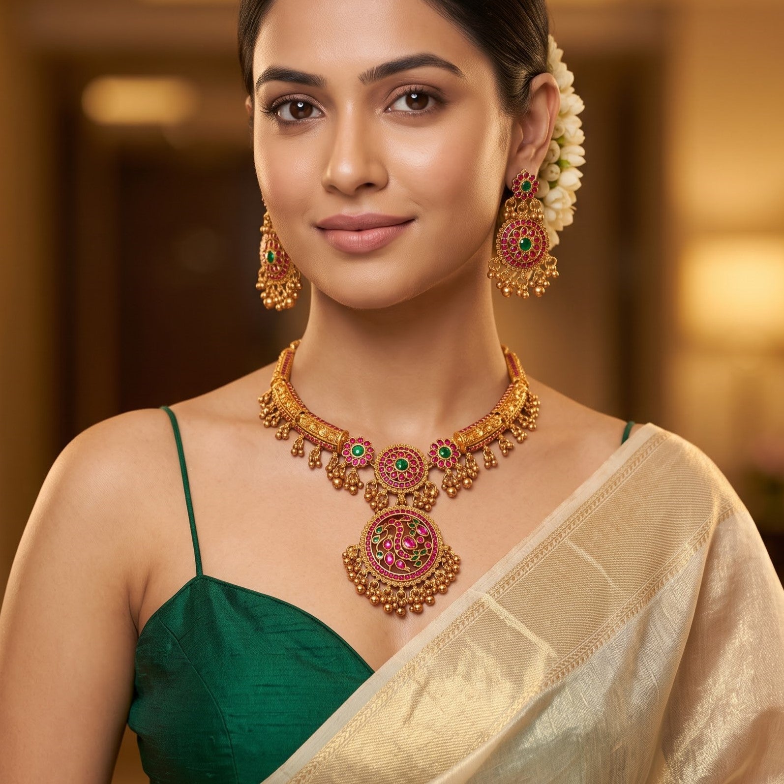 Sanvi Hasli Temple premium antique gold choker necklace set featuring a rigid torque band with embossed goddess and elephant motifs clear kemp stones and matching dome jhumka earrings